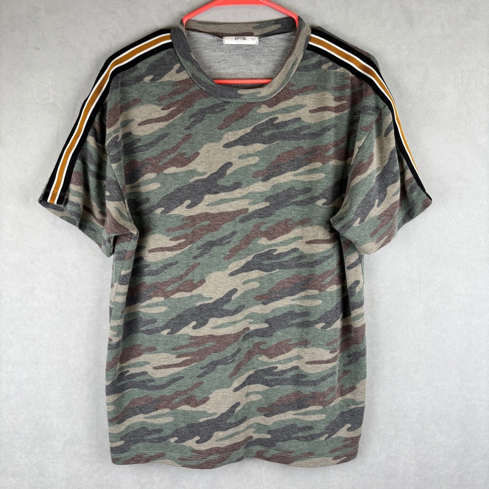 EPTM Camo Short Sleeve T-Shirt Green Brown Mens M USA Stripe Military Retro Gorp